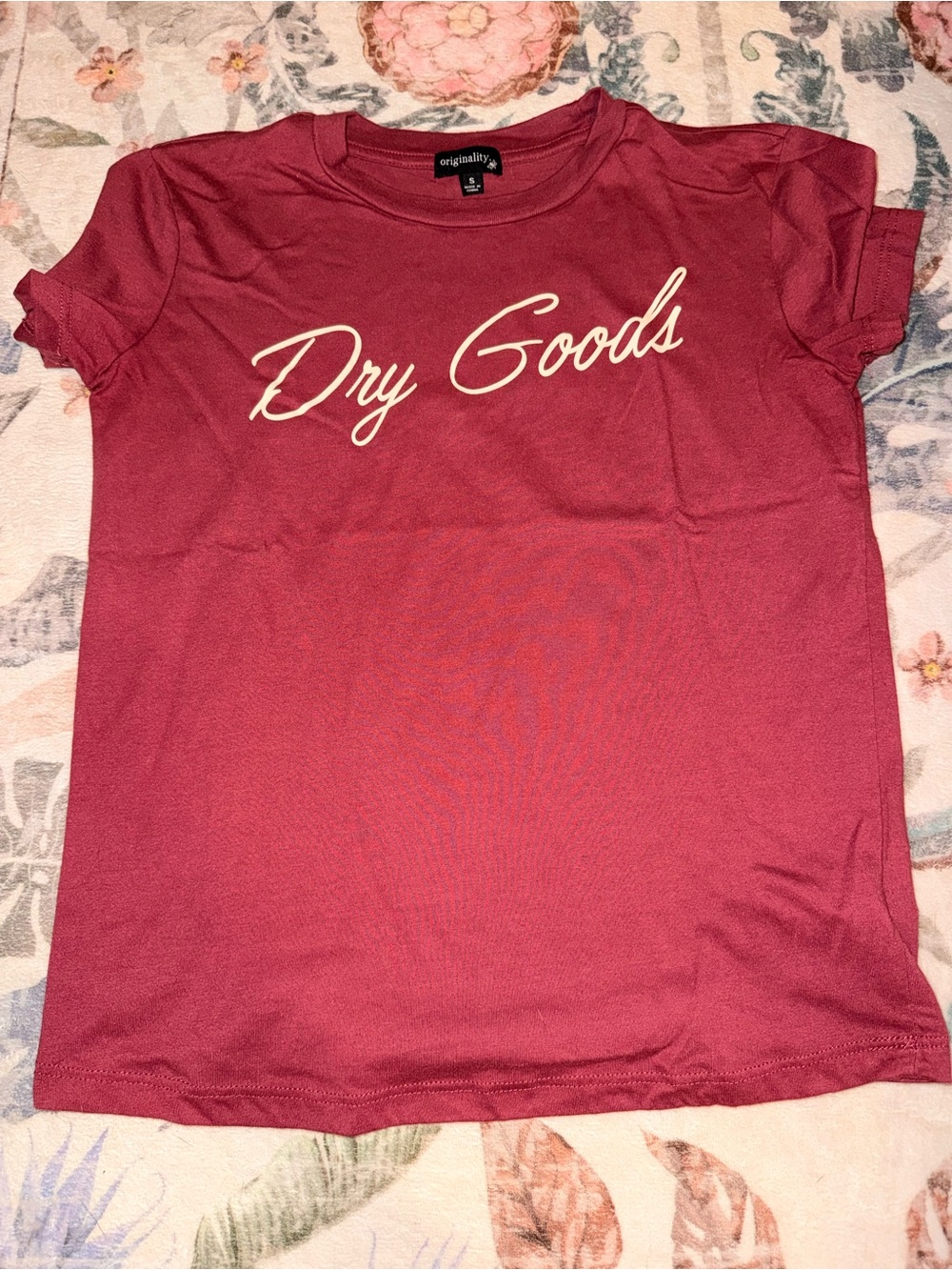 Dry Goods Burgundy Graphic Tee with Cream Script